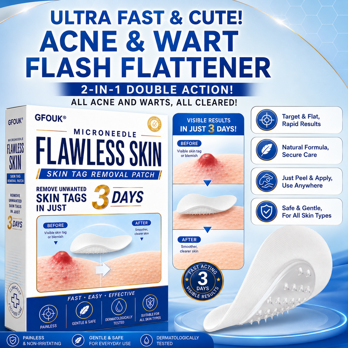 🆕GFOUK® 2026 Newly Upgraded 2-in-1 Microneedle Hydrocolloid Patches | Removes Raised Moles, Acne, Flat Warts, and Skin Tags | Improves Wrinkles, Scars, and Blemishes | Invisible Acne Patches for Face & Body