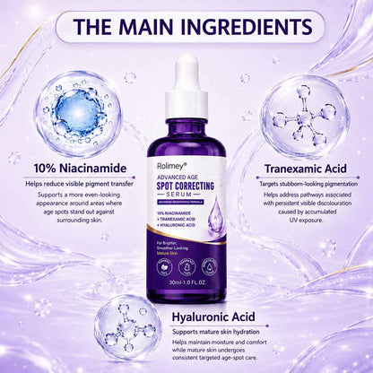 Rolimey® Age Renewal Dark Spot Serum — Infused with 10% Niacinamide, Tranexamic Acid & Hyaluronic Acid for Brighter, Smoother-Looking Mature Skin